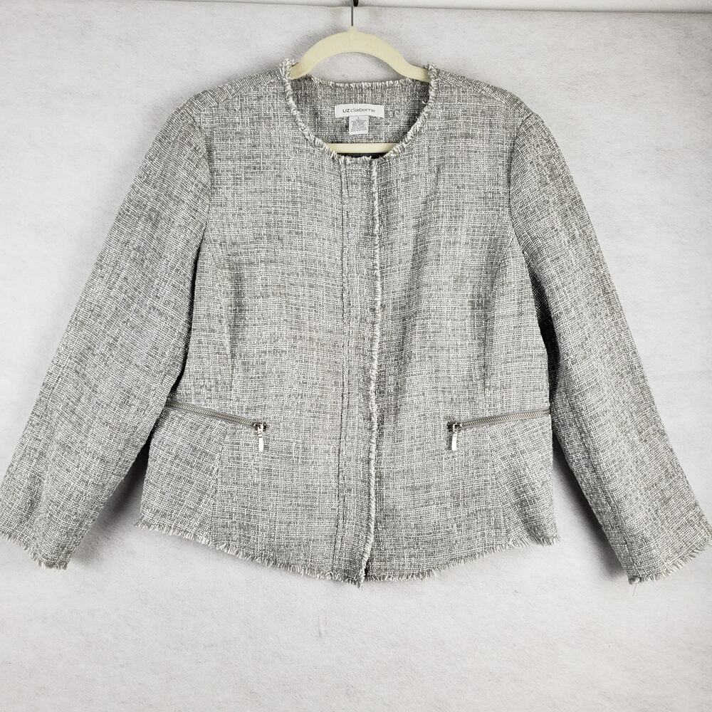 Liz Claiborne Size L Bouclee Tweed Zip Blazer Jacket Gray Fringe Office Academia
